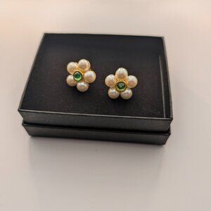 Vintage Coro Style Pearl & Emerald Floral Studs